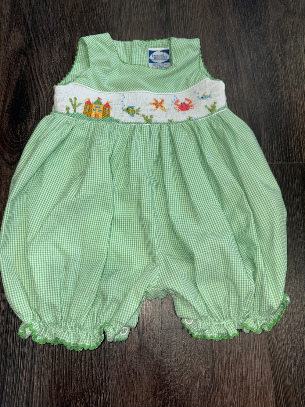 Vintage Carriage Boutique Light Green Gingham Smocked Diaper Cover with Sea Life